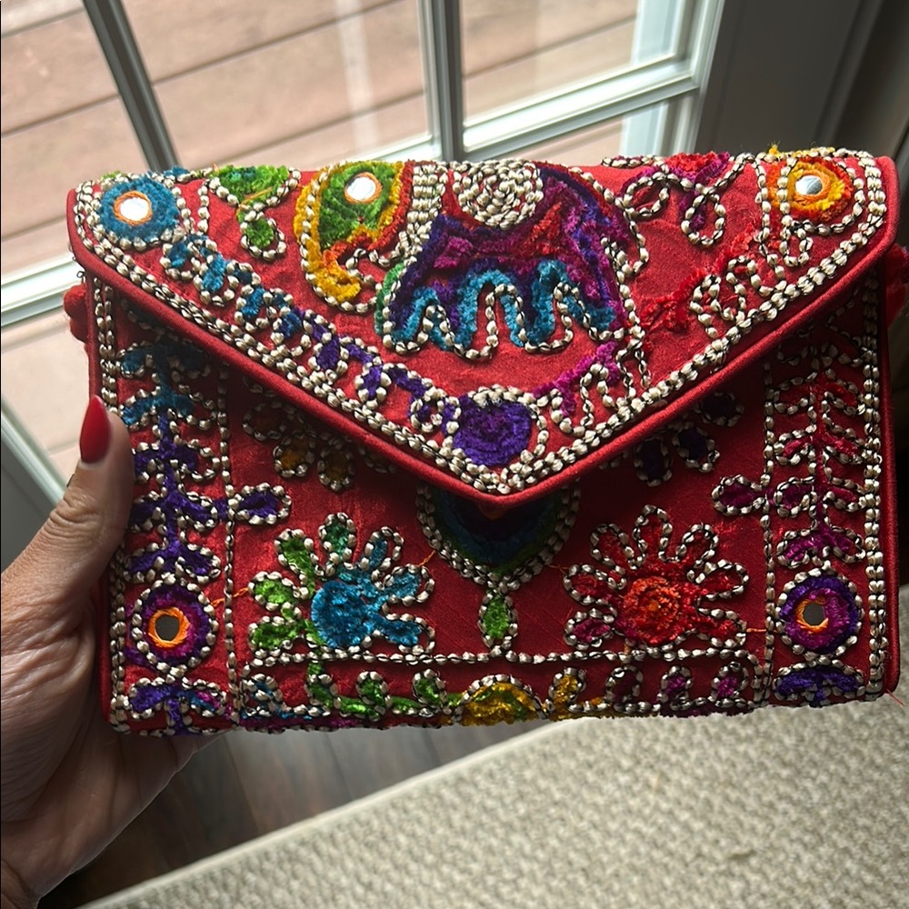 Embroidered Red Clutch Bag